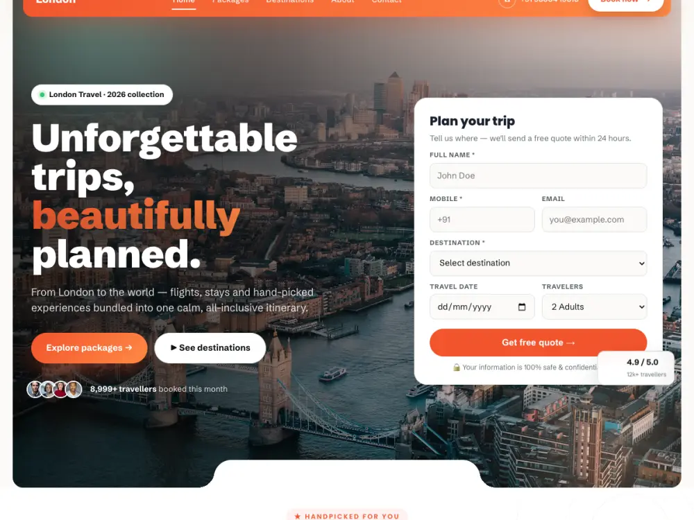 London travel website template, homepage preview